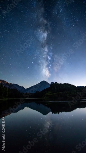 Starry Night Sky with Milky Way Reflected in a Mountain Lake