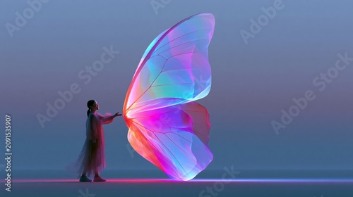 Smiling Young Woman Reaching Toward a Giant Glowing Butterfly, Dreamlike Transformation and Hope Concept with Premium Surreal Illustration and Large Copy Space for Advertising