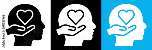 Bild auf Leinwand Mental health support icon set in solid glyph style with human head, caring hand and heart symbol