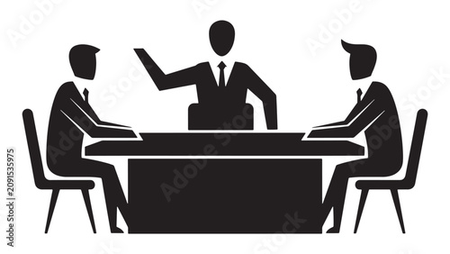 Business meeting icon showing three professionals discussing strategy around a conference table in office