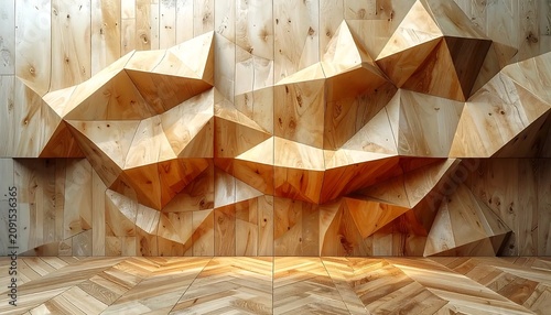 Geometric Wooden Sculpture Mounted on a Wall in a Room with Parquet Flooring