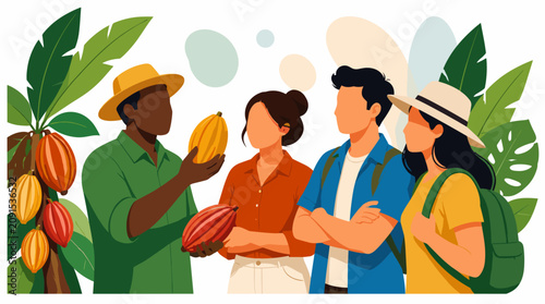 World Chocolate Day Cocoa Farmer Explaining Harvest to Visitors.