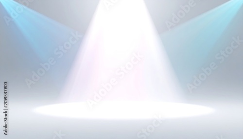 A white studio scene, illuminated with focused light from above. Two blue spotlights flank a central, bright white beam. Soft gradients blend