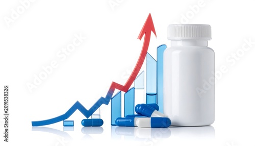 A white supplement bottle with blue and white capsules, a rising bar chart, and a red arrow, signifying positive growth