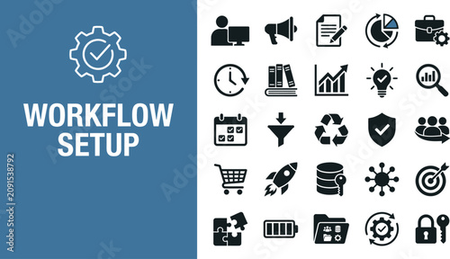 Workflow icons display various business processes and management.