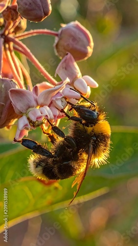 Bumblebee Pollinating Pink Milkweed Flower in Sunny Garden