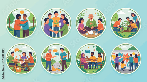 Flat vector illustration set of eight circular icons depicting diverse people engaging in community activities like tree planting, volunteering, urban gardening, and social gatherings.