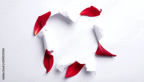 A white surface is torn, revealing a heart-shaped hole. Red flower petals are scattered around the edges, creating a vibrant contrast
