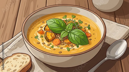 Creamy Vegetable Soup Garnished with Fresh Basil in Ceramic Bowl