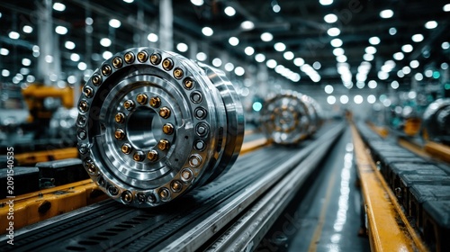 Industrial machinery components on a metal conveyor track within a large scale manufacturing workshop.