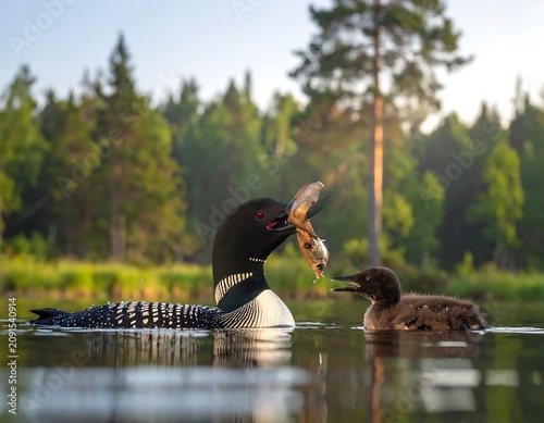 Adult Loon Bird Holding Fish on Lake with Forest Background