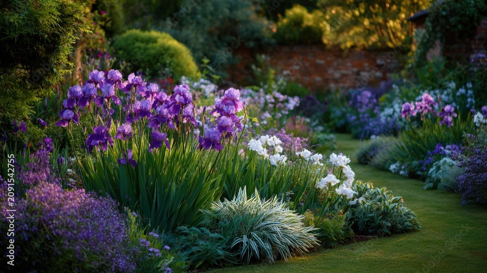 Obraz premium Luminous garden scene filled with purple irises and white flowers along a classic stone wall.