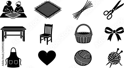Photos Set of black and white craft and needlework hobby icons.