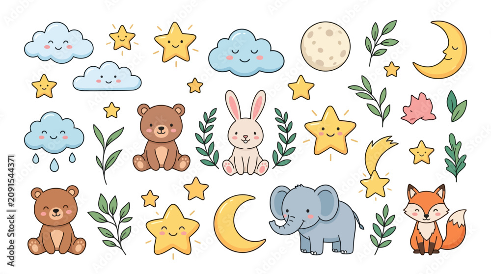 Obraz premium Collection of flat vector illustrations for nursery decor featuring cute animals like bear, bunny, elephant, and fox alongside smiling stars, crescent moons, clouds, and green leaves.
