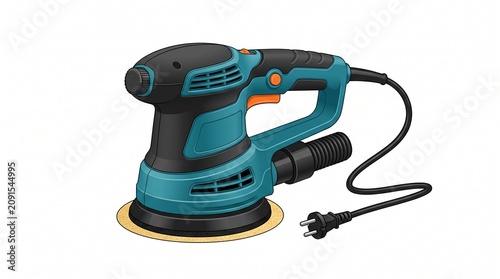 Realistic 3D orbital power sander equipment isolated on white background for industrial woodworking and DIY projects