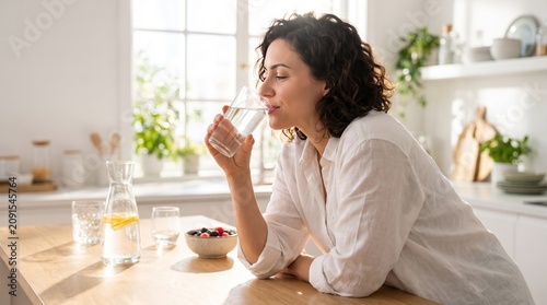 Woman drinking glass of water for kidney health hydration