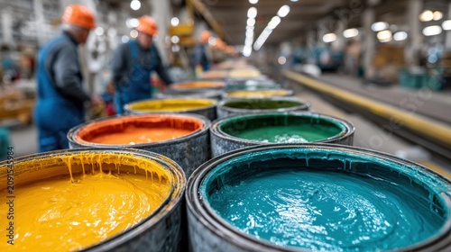 Open industrial paint cans with vibrant yellow and teal liquid on a factory assembly line.