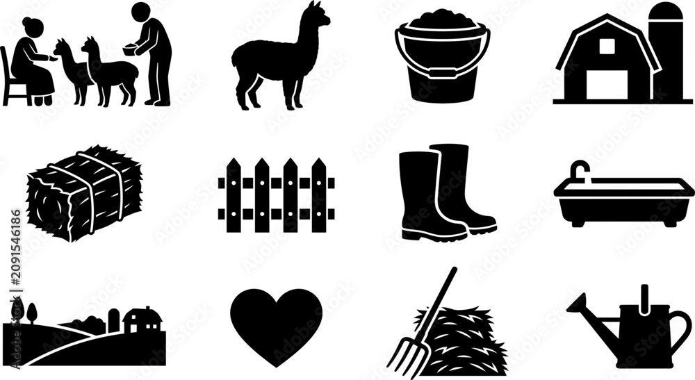 Fototapeta premium Set of black farm and animal silhouette icons.