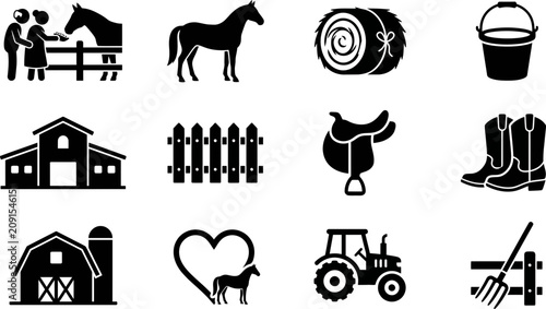 Slika na platnu Set of black farm and horse ranch icons on white background.