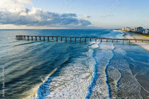 Aerial Drone View of Jacksonville Beach Fishing Pier at Sunrise, Florida