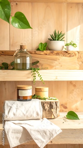 Natural Skincare Display on Wooden Shelves with Plants and Containers