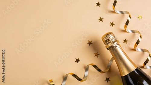 Luxury Sealed Champagne Bottle with Elegant Gold Ribbon Decoration on Clean Beige Background for Premium Celebration Concept