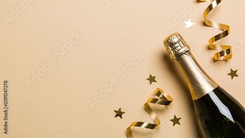 Luxury Sealed Champagne Bottle with Elegant Gold Ribbon Decoration on Clean Beige Background for Premium Celebration Concept