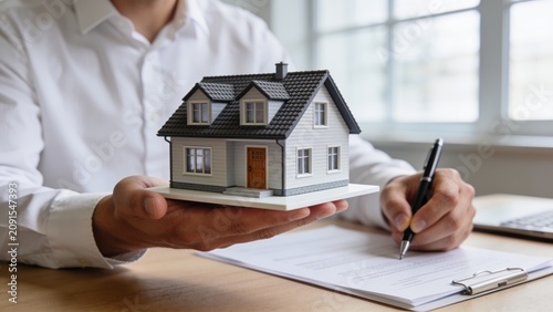 Professional Holding Detailed Miniature Family House While Signing Property Documents for Real Estate Investment and Home Ownership Concept