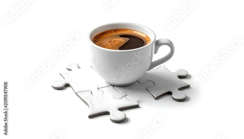 A white coffee mug filled with dark coffee sits on top of a puzzle piece arrangement. Bright lighting accentuates the scene against a clean white backdrop