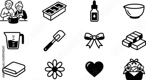 Foto Set of twelve black and white line art icons for homemade soap making and crafting