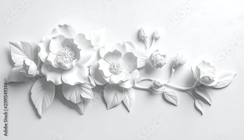 A white, three-dimensional floral sculpture with blossoming blooms, buds, and delicate foliage, set against a pristine white backdrop