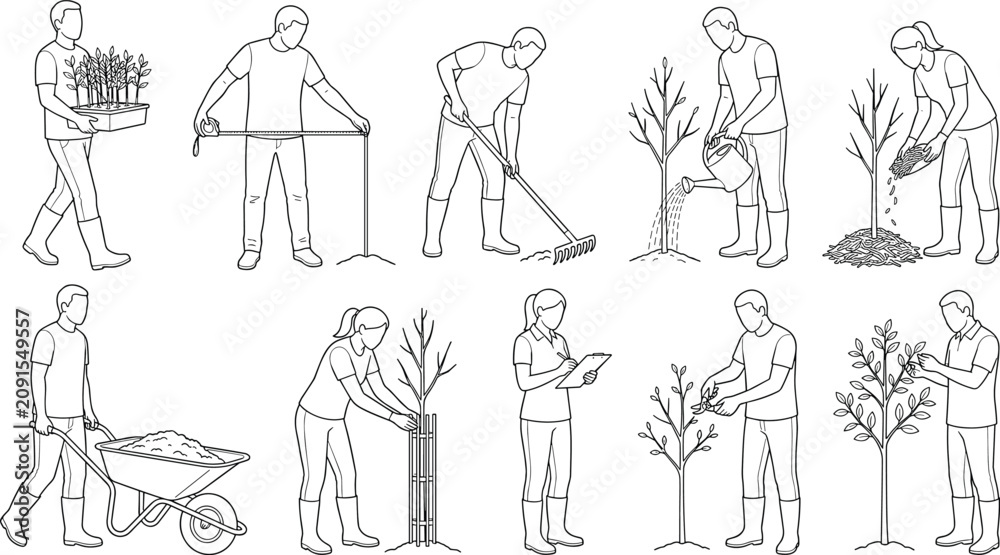 Obraz premium Gardener Activity CAD Vector Collection with Tree Planting and Landscape Maintenance Illustrations