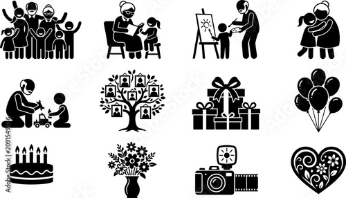 Konstfotografi Set of black and white family lifestyle icons and activities.