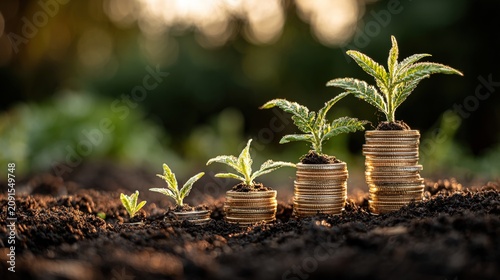 Row of rising coin stacks with small plants growing on top as a metaphor for sustainable financial development.