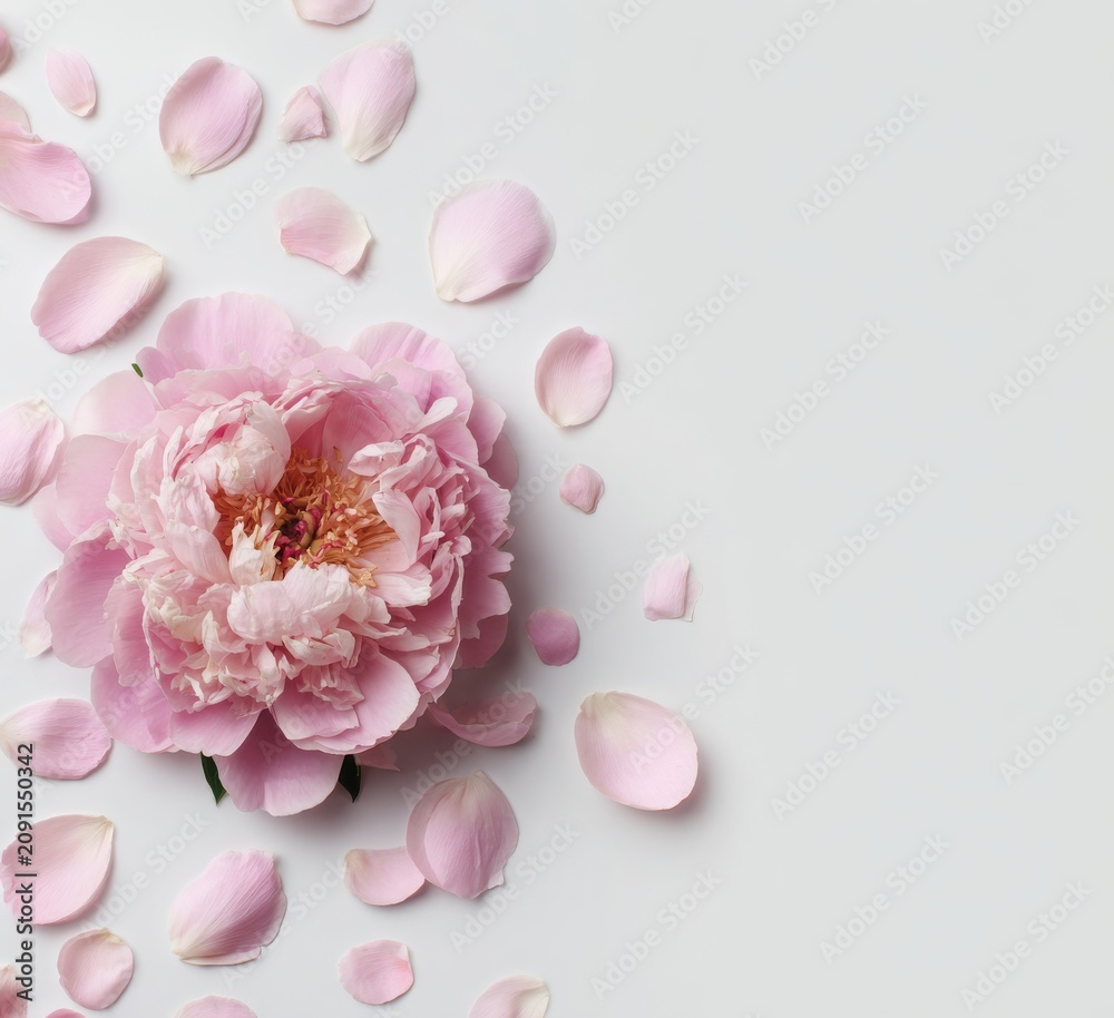 Fototapeta premium Pink peony flower head surrounded by scattered petals on a minimalist white background with botanical romantic minimalist background scattered composition decorative fragrant petalless