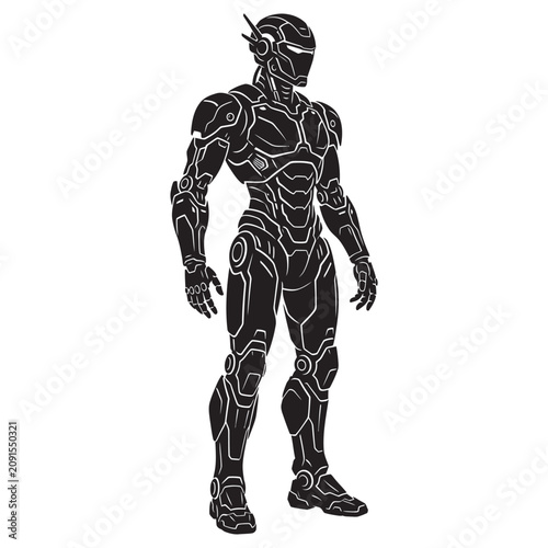Black AI humanoid robot silhouette with futuristic body design standing pose