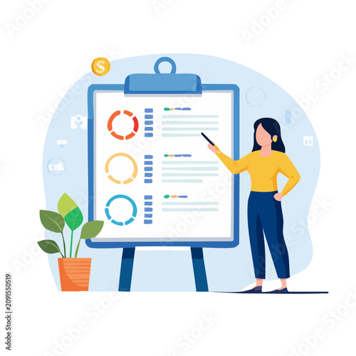 Woman presenting data charts on clipboard