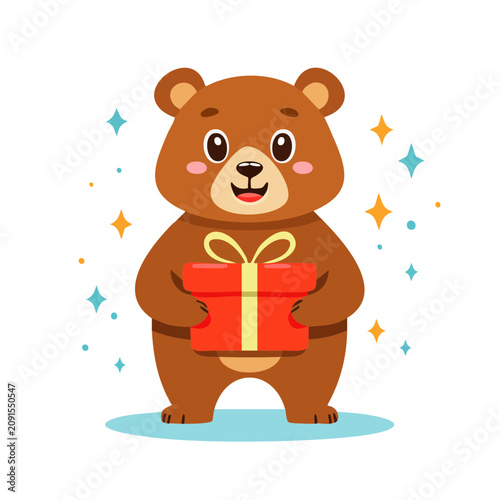 Cartoon bear holding a gift box with stars