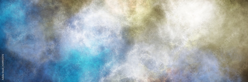 Fototapeta premium Misty steel blue and beige smoke on a black canvas. Wide horizontal banner with a cinematic, vintage, and atmospheric aesthetic.