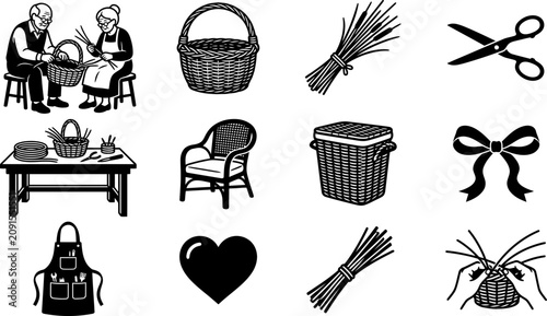 Fotografía Set of basketry craft icons and elements illustration.