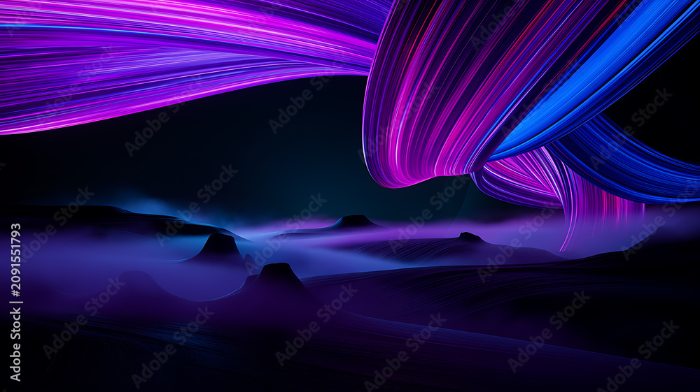 Fototapeta premium Abstract flowing ribbons and undulating landscape a vibrant digital artwork with purple and blue tones curves lines shapes