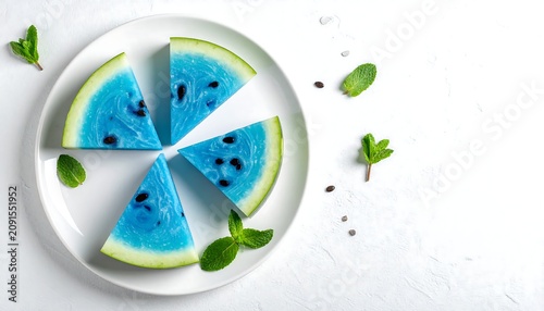 A white plate holds five vibrant, blue watermelon slices, arranged to resemble a fan. Scattered mint leaves enhance the refreshing appearance