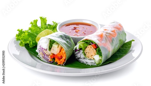 A white plate holds two rolls alongside a dipping sauce. Fresh greens and vegetables are visible within the translucent rolls