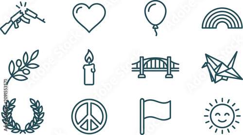 Cuadro en lienzo Set of peace and harmony line icons illustrating global unity.
