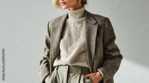 Stylish woman in a professional autumn outfit with blazer and turtleneck.