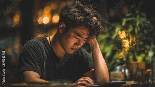 Stressed young man resting his head on his hand with eyes closed in a dimly lit workspace at night.