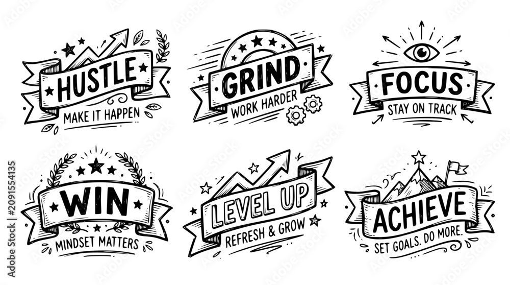 Fototapeta premium Hand drawn mindset productivity quote banner elements hustle grind focus win level up achieve, black ink sketch vector illustration