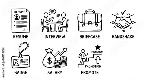 Hand drawn career job search icons resume interview briefcase handshake badge salary promote, black ink sketch vector illustration