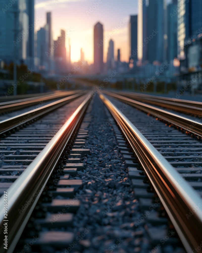 Fototapeta premium Parallel railway track leading toward a city