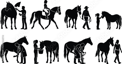 Foto Vector silhouette collection of people interacting with horses including riding
